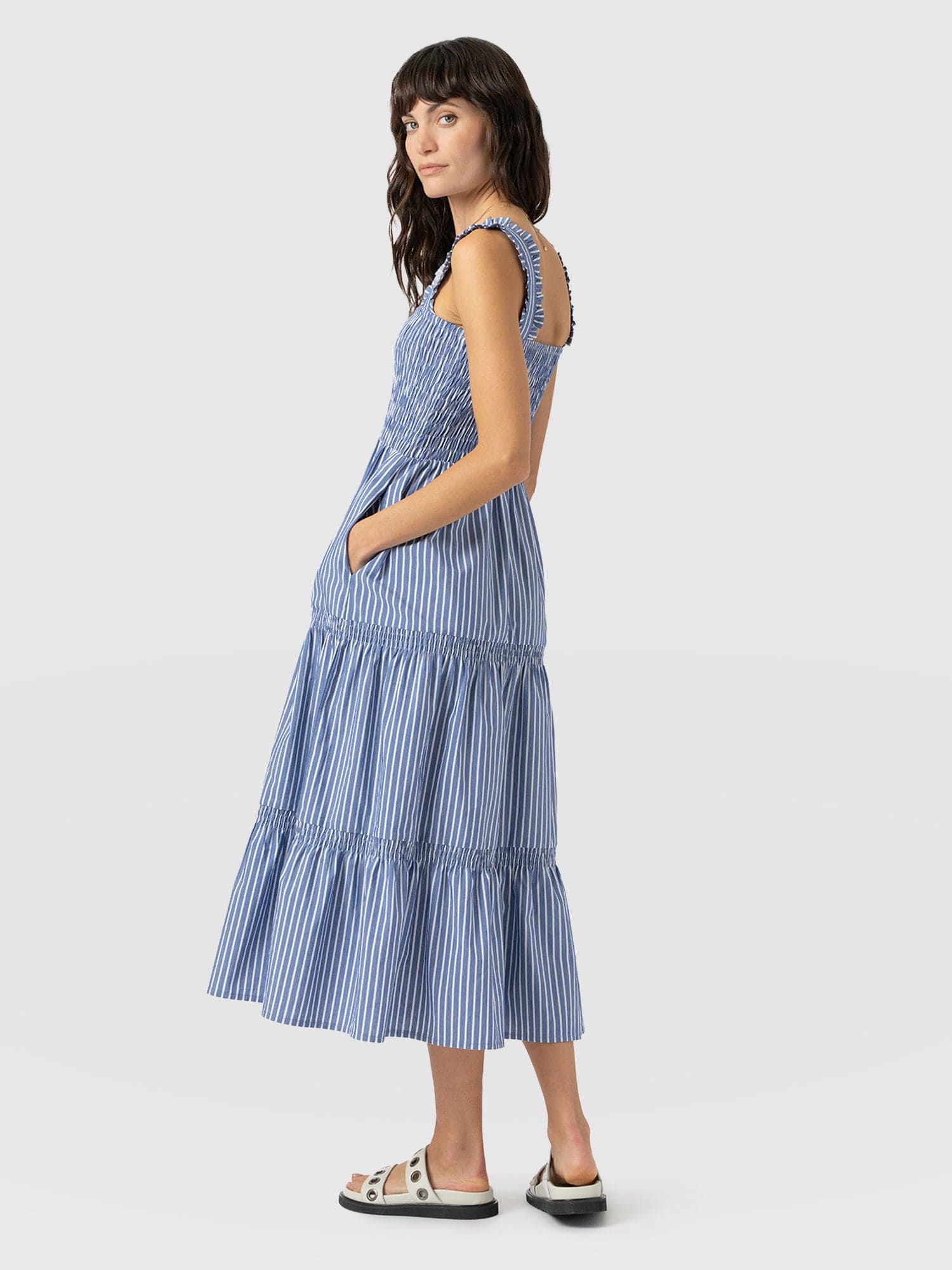 Maya Shirring Dress - Blue Stripe - Women's Dresses | Saint + Sofia® USA